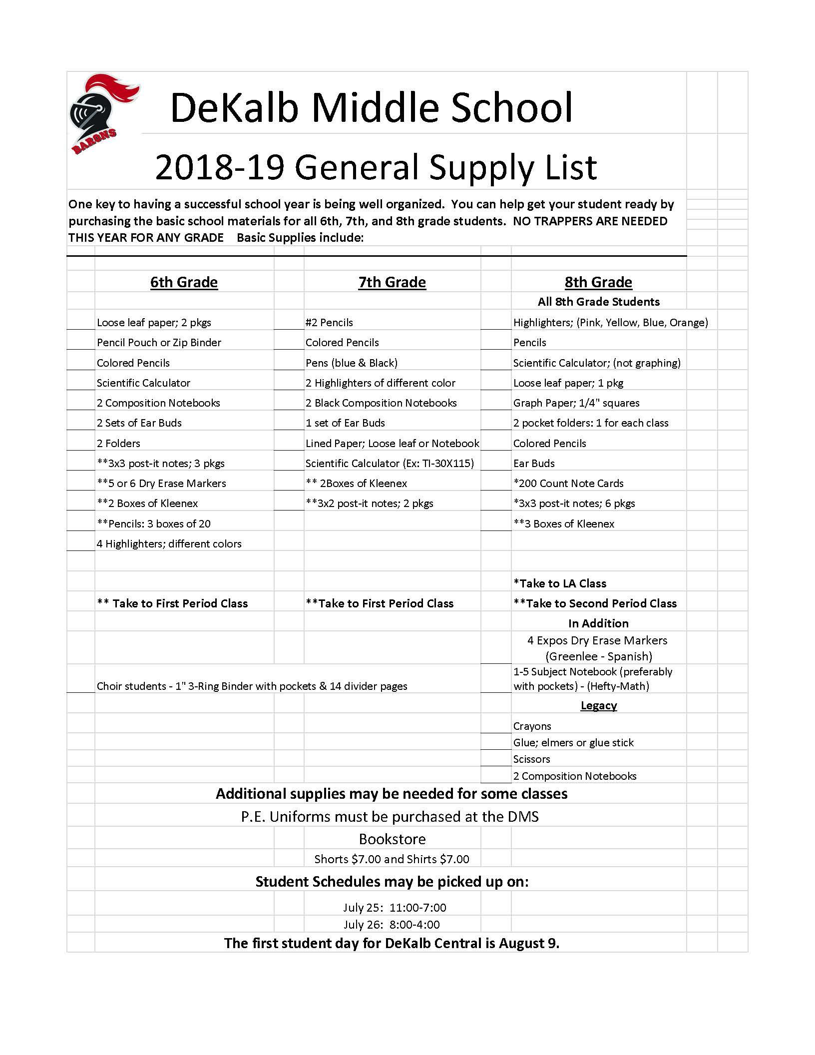 6th Grade School Supplies List 2018 2019